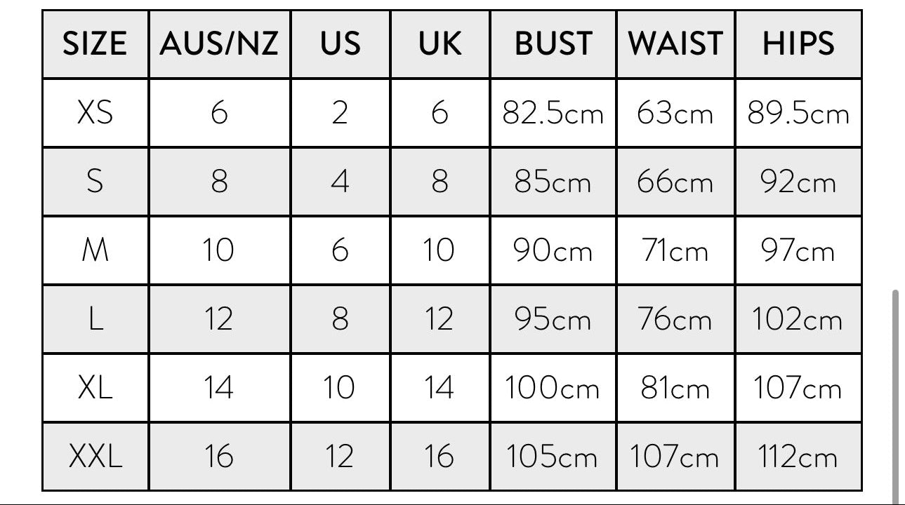 Size chart for clothing with measurements in Australian, US, and UK sizes.