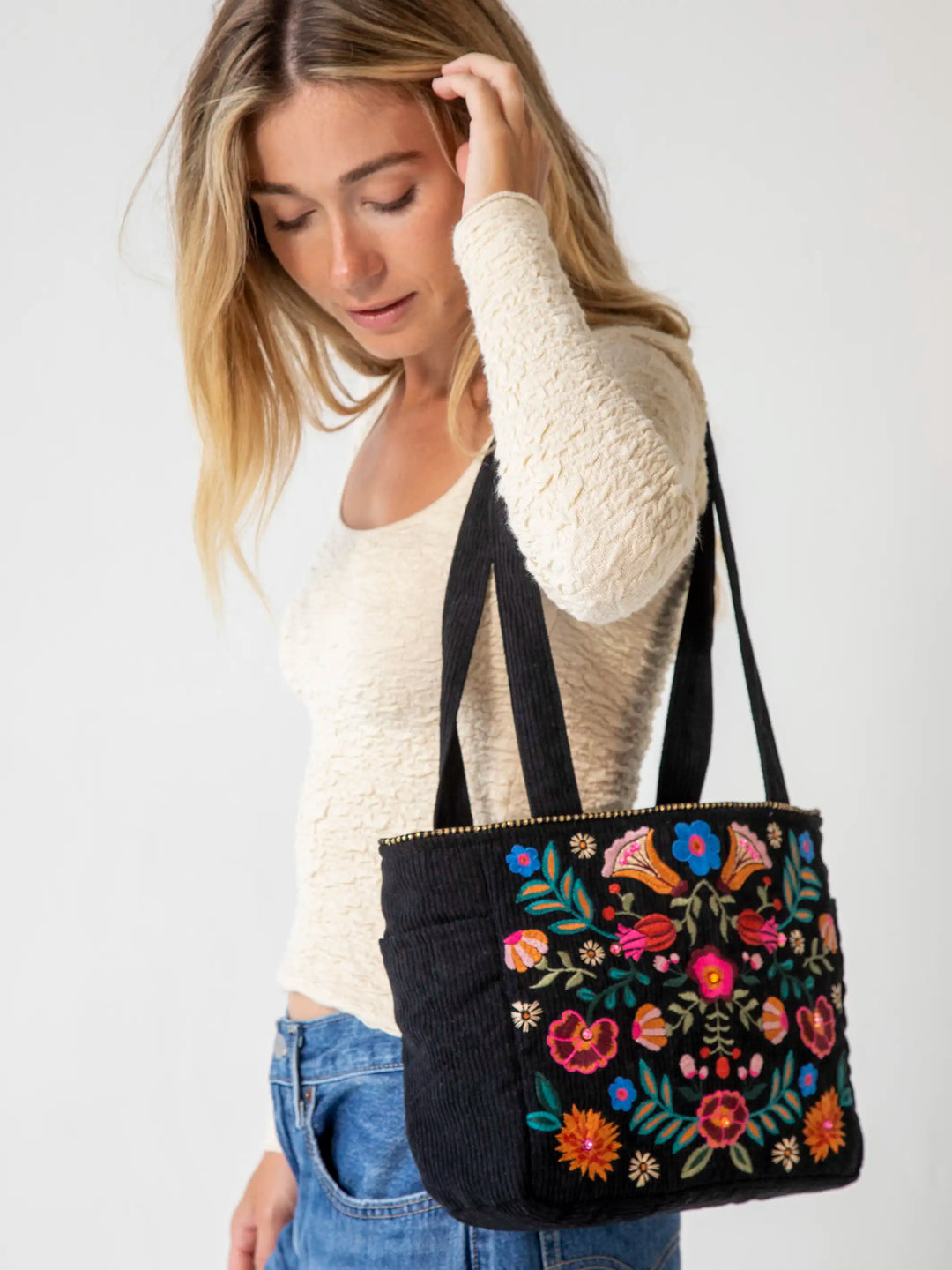 Embroidered Corduroy Tote - Black Folk Flower