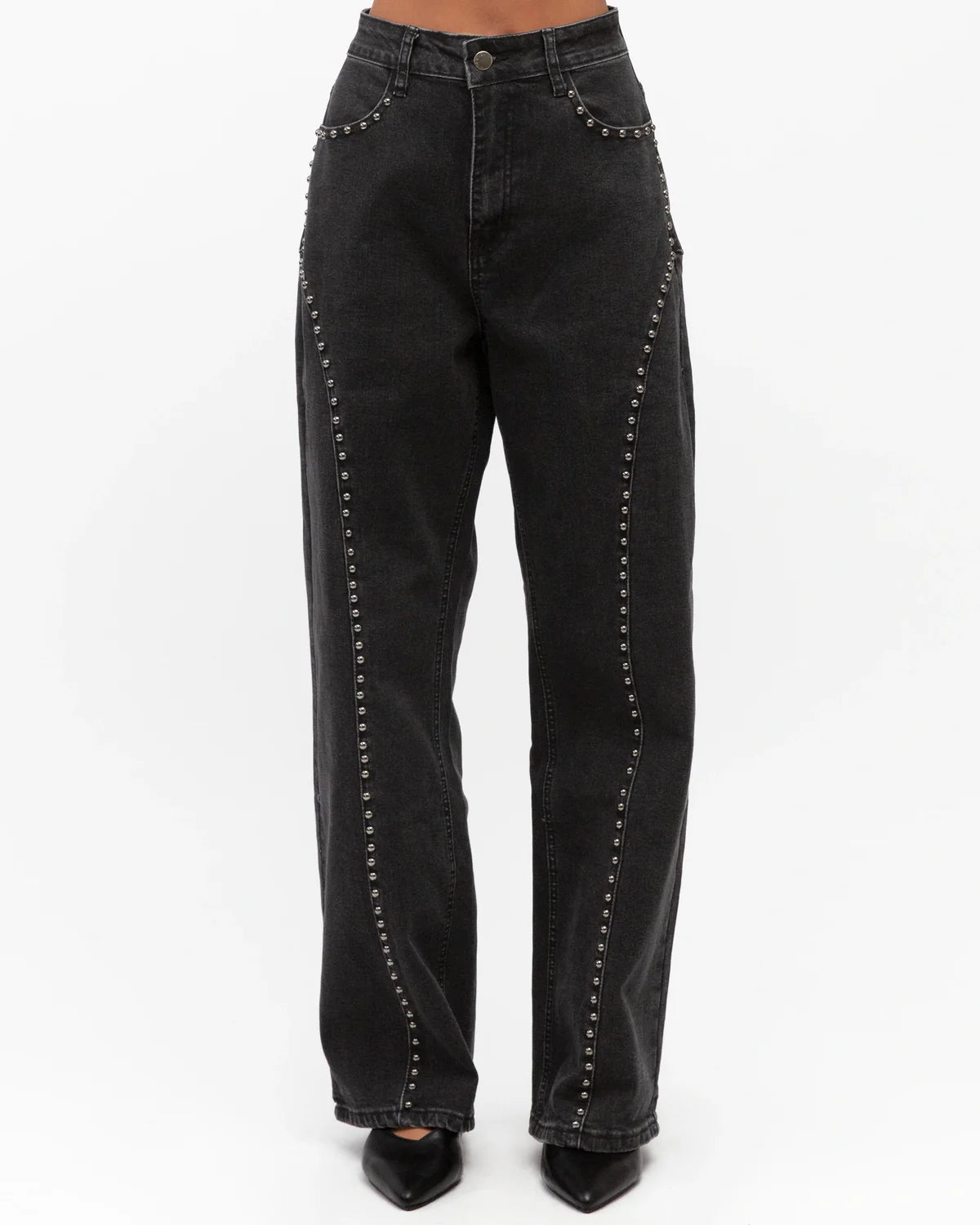 Contrasting Stud Denim Pants Charcoal
