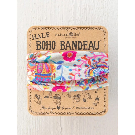 Colorful boho bandeau on a branded card with 'Half Boho Bandeau' text.